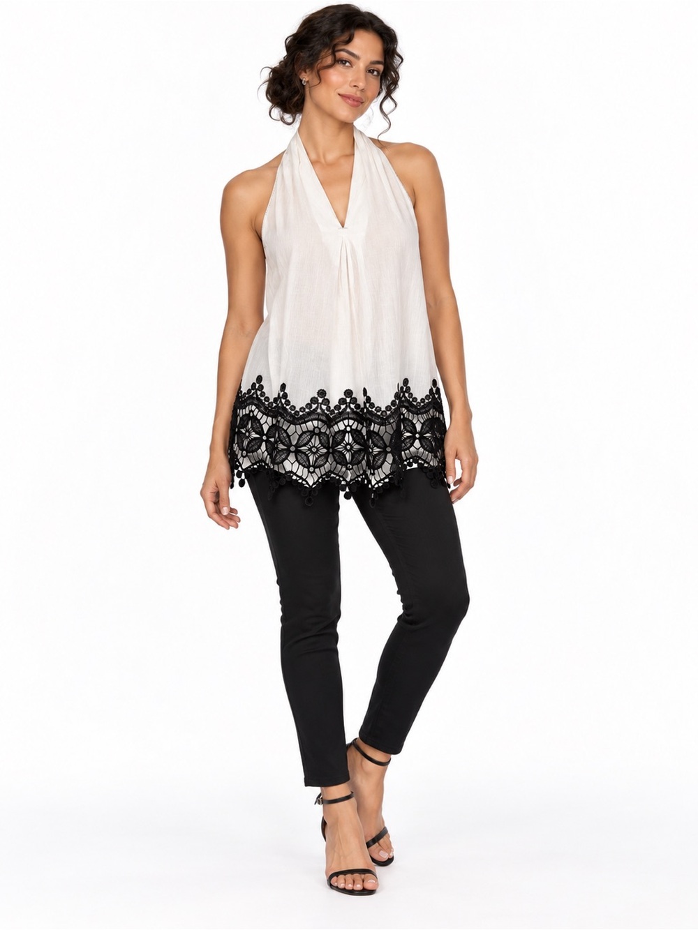 Max Edition Feminine Romantic White Halter Tank Top with Black Lace Trim Size S